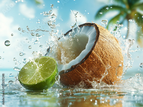Half coconut and lime splash in water, surrounded by droplets, with a tropical beach scene in the background, creating a refreshing summer atmosphere