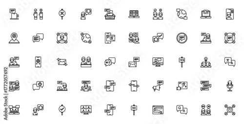 Discussion icon set. Minimal vector line icons pack.Includes symbols for debat, meeting, conference, cal, chat, agree, disagree, tamwork, brainstorm, analytcs and more. Editable stroe.