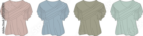 Set of women's V-neck blouses with draped and fringed details in a pastel color palette. Fashion flat vector illustration for apparel design and clothing mockups