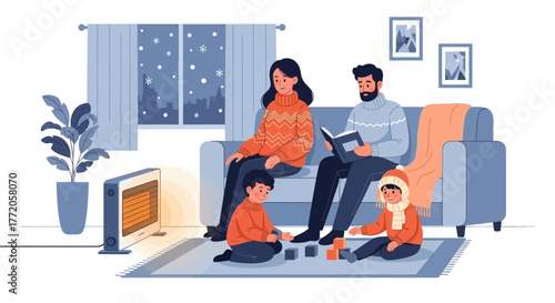 Happy family enjoying a cozy winter evening together at home. Flat Vector Illustrations. EPS Editable
