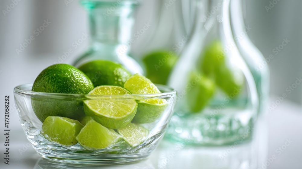 Fototapeta premium Bright green limes, both whole and cut, sit in a glass bowl. Blurry, light-green glass bottles are behind. Soft lighting. White backdrop