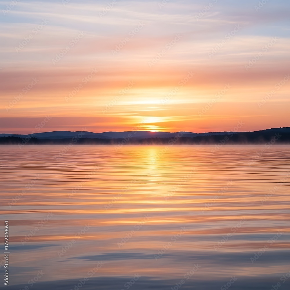 Fototapeta premium Serene Sunset Reflection on Calm Lake Water.