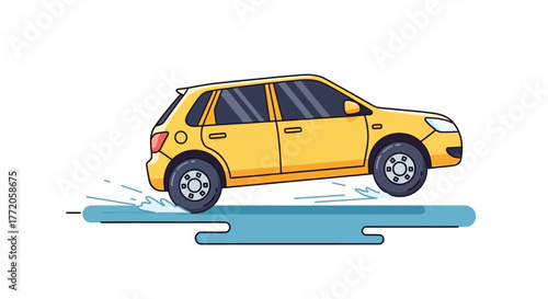 Yellow hatchback car driving through a puddle of water illustration. Flat Vector Illustrations. EPS Editable
