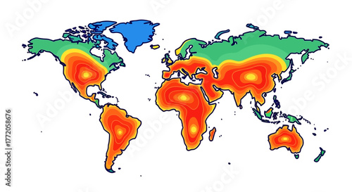 World Map Illustrating Global Climate Zones and Temperature Gradients. Flat Vector Illustrations. EPS Editable