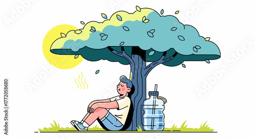 Young man resting in the cool shade of a large tree on a sunny day. Flat Vector Illustrations. EPS Editable
