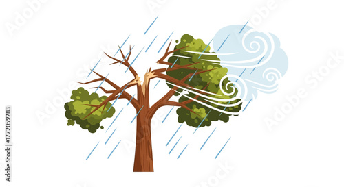 Weather concept illustration of a tree in rain and wind. Flat Vector Illustrations. EPS Editable
