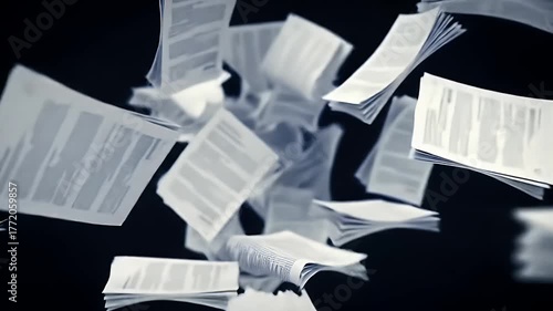 White Paper Documents Falling Through Dark Background With Motion Blur Effect and Soft Lighting