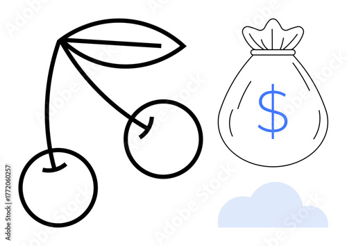 Two cherries with leaves, money bag marked with dollar sign, and small cloud. Ideal for finance, savings, agriculture, sustainability, profitability freshness minimalism. Simple flat metaphor