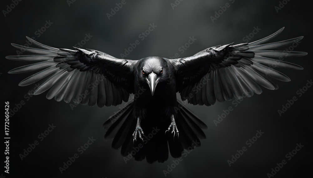 Naklejka premium Black raven with spread wings flies directly towards viewer. Sharp eyes stare intensely. Intricate feather details visible. Dark background enhances drama.