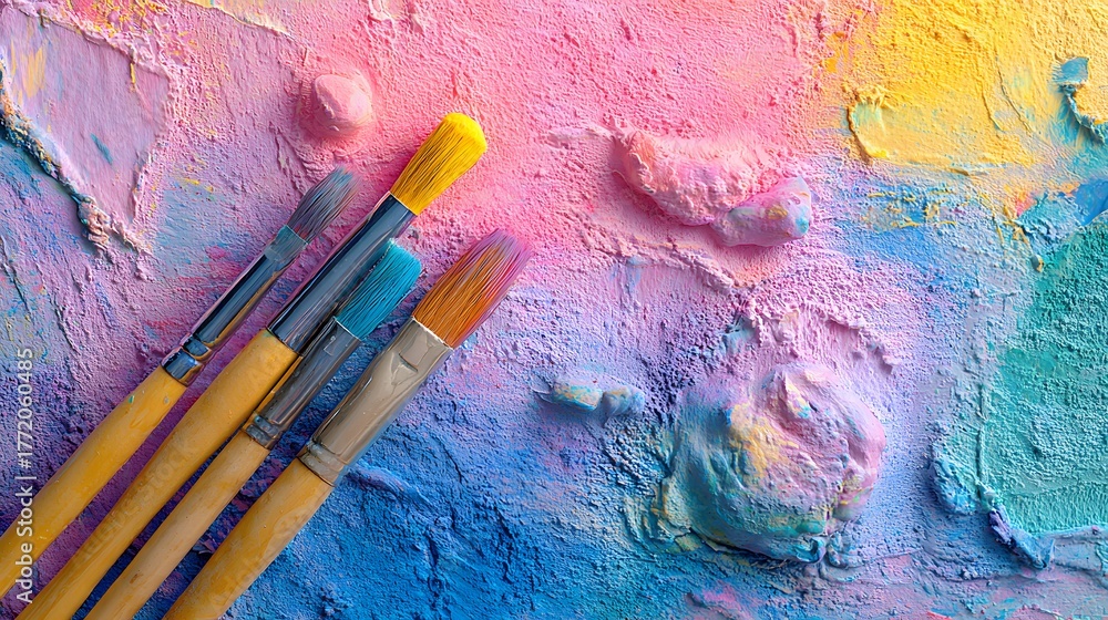 Fototapeta premium Four paintbrushes rest diagonally across a textured surface featuring vibrant, mixed pastel pigments.