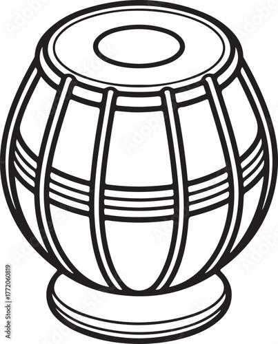 Black and white line drawing of a tabla drum on a stand indian music percussion