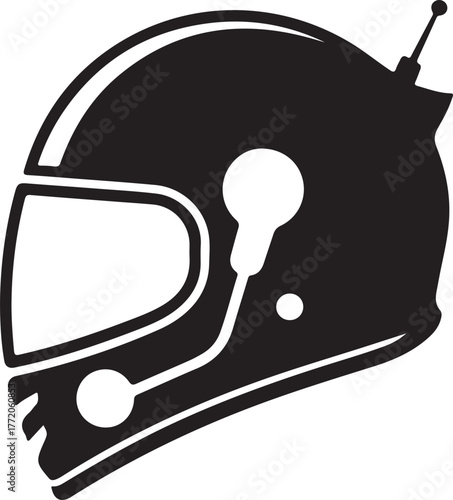 Black and white minimalist graphic of a helmet with antenna and visor icon