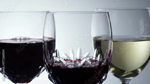 Close Up Pouring Red Wine Into Crystal Glass With Red And White Wine In Background Studio Shot