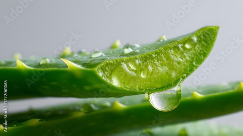 Cross section of a succulent leaf displays moisture beads and a dripping gel globule against a soft background