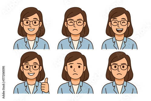 Business Woman Face Avatars Set with 6 Emotions - Happy, Sad, and Thumbs Up User Experience Icons