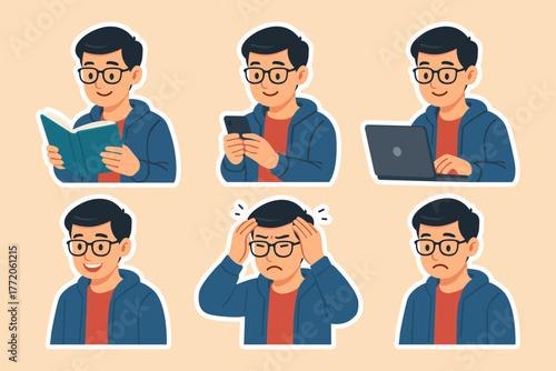 Set of Young Man Cartoon Stickers with Technology and Emotions - Reading, Working, and Digital Stress Vector
