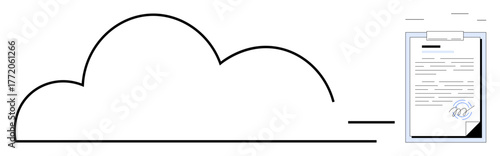 Cloud connected with a digital document featuring a signature on a clipboard. Ideal for digital transformation, cloud storage, document sharing, electronic signing, data security, remote work, simple
