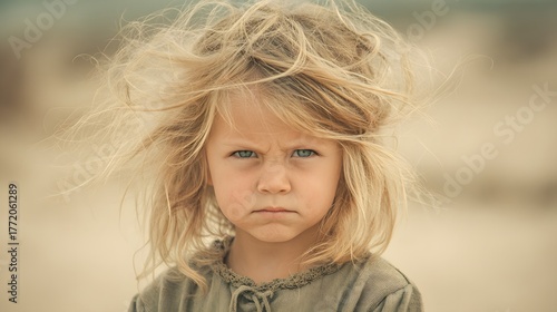 Young fair-haired child displays a serious expression outdoors with windswept hair