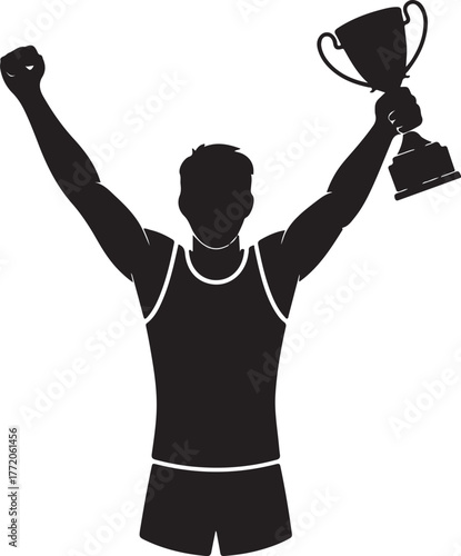 Black and white silhouette of a triumphant athlete holding a trophy above their head with arms raised