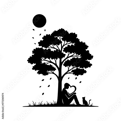 Vector art of silhouette of a woman sitting under a tree with cat