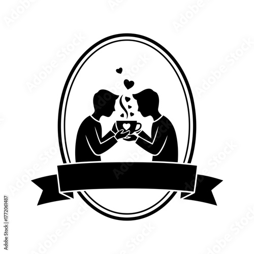 Vector art of silhouette of two men sharing a cup of coffee