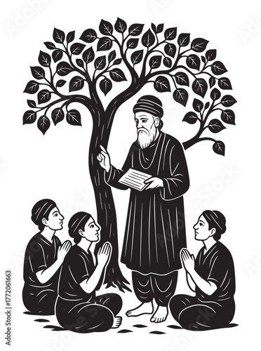 Saint Kabir Das teaching disciples under tree, spiritual wisdom vector illustration in traditional Indian black silhouette art style
