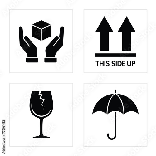 Collection of four shipping and handling symbols including handle with care, this side up, fragile glass, and keep dry