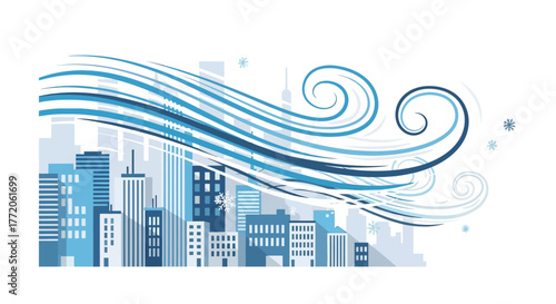 Stylized windy day over a modern city skyline illustration. Flat Vector Illustrations. EPS Editable