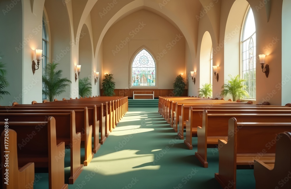 Fototapeta premium Rows of empty wooden pews in a church nave bathed in soft sunlight streaming through arched windows. A green carpeted floor leads to an altar with a stained glass window.