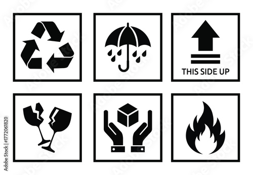 Set of six shipping and handling symbols including recycle, fragile, keep dry, this side up, handle with care, and flammable