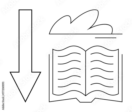 Open book next to a cloud with a downward arrow indicating download. Ideal for education, technology, reading, learning, cloud computing, digital library, and online storage. Simple flat metaphor