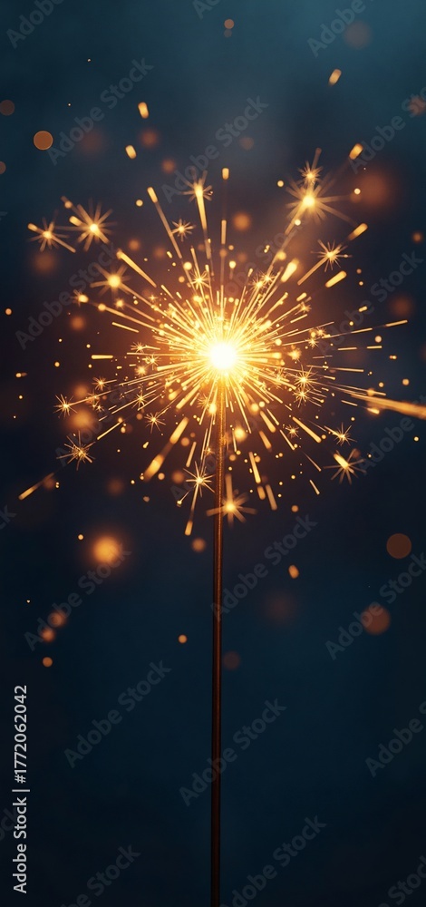 Obraz premium A dazzling sparkler bursts with golden sparks against a dark, softly blurred backgroundcapturing the magic and warmth of celebration or wonder.