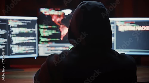 Anonymous Hacker In Dark Room Operating Multiple Computers Displaying Global Network Attack And System Hacked Message