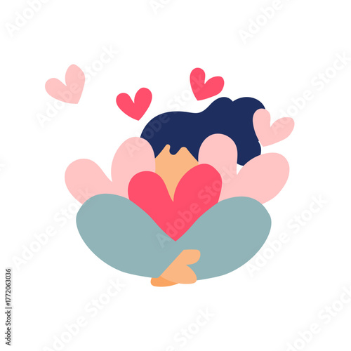 山盛りのハートを抱きしめる女性のイラスト