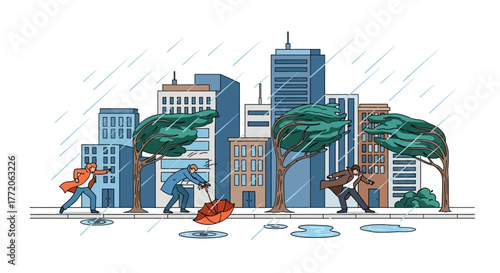 People struggling against strong wind and heavy rain in a city. Flat Vector Illustrations. EPS Editable