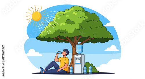 Man drinking water under a shady tree on a hot sunny day. Flat Vector Illustrations. EPS Editable
