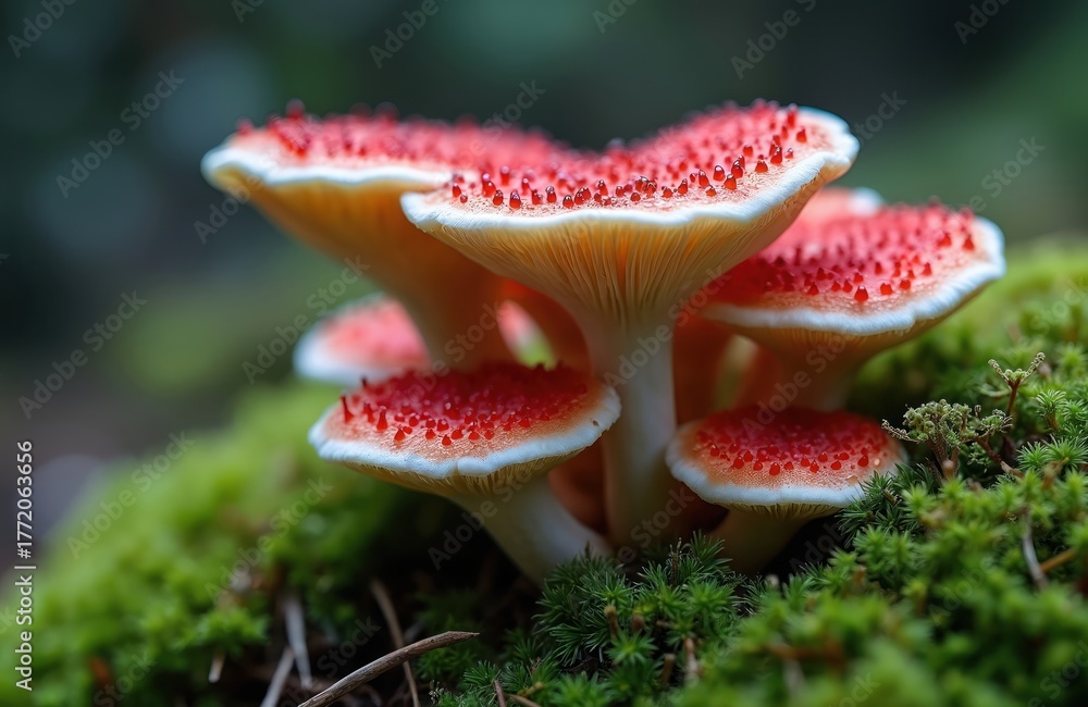Obraz premium Rare Hydnellum peckii fungus cluster grows on forest floor. Small mushrooms feature white caps with red droplets, resembling strawberries and cream. Macro shot shows detailed texture on mossy ground.