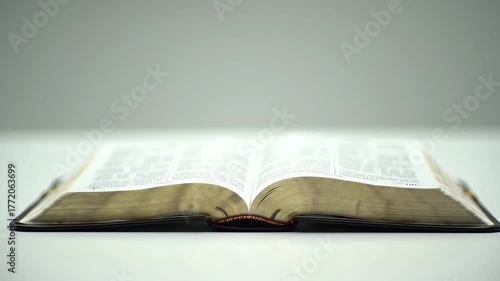 An Open Ancient Book With Pages Full Of Text On A White Surface With A Soft Gray Background