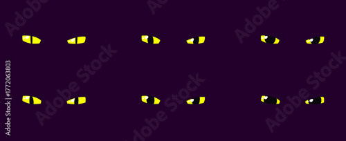Set of yellow almost closed glowing eyes dark background fantasy magic cartoon animal reptile feline mammal monster demon dragon shiny pupil vector illustration