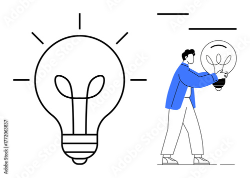 Large lightbulb and person carrying a smaller lightbulb. Ideal for creativity, innovation, problem-solving, brainstorming, energy, leadership, and productivity concepts. Simple flat metaphor