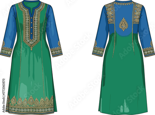 Traditional Kurta Design — long kurta with embroidery details, front and back view, cultural fashion illustration