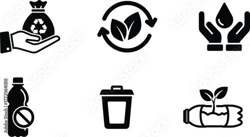 Environment and Recycling Icons Set in Black and White Style