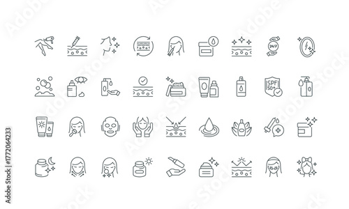 Foto Pore tightening and revitalizing, sunscreen cream and eye patches thin black and red outline symbols vector illustration Beauty procedures and cosmetics for 24 hour face skin care line icon set
