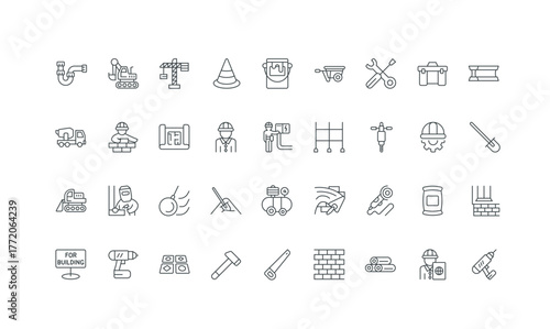 Set of construction renovation and engineering, architecture, for materials building and gear, safety machinery, workers, tools, featuring icons site projects vector illustration