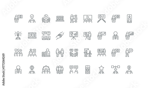 Collection of business white on isolated concepts strategy corporate and management, project presentations, for icons line communication leadership, teamwork, meeting, background vector illustration