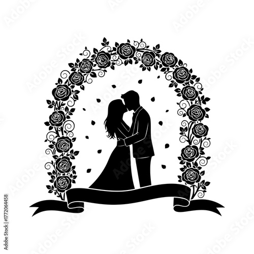 Vector art of silhouette of a kissing couple under a floral arch