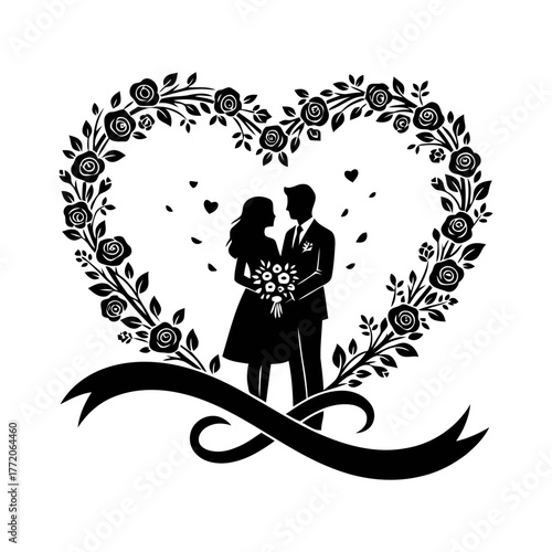 Vector art of silhouette of a wedding couple in floral heart frame