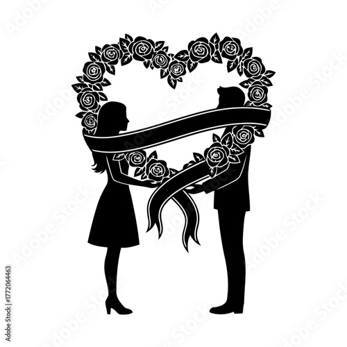 Vector art of silhouette of a couple holding a heartshaped floral frame
