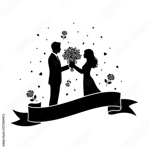 Vector art of wedding couple with flower bouquet and banner