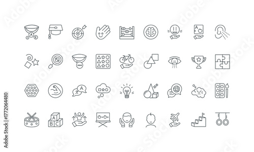 Montessori school and childcare, game and therapy thin black and red outline symbols vector illustration Early child education in kindergarten, brain and memory, sensory development line icon set.